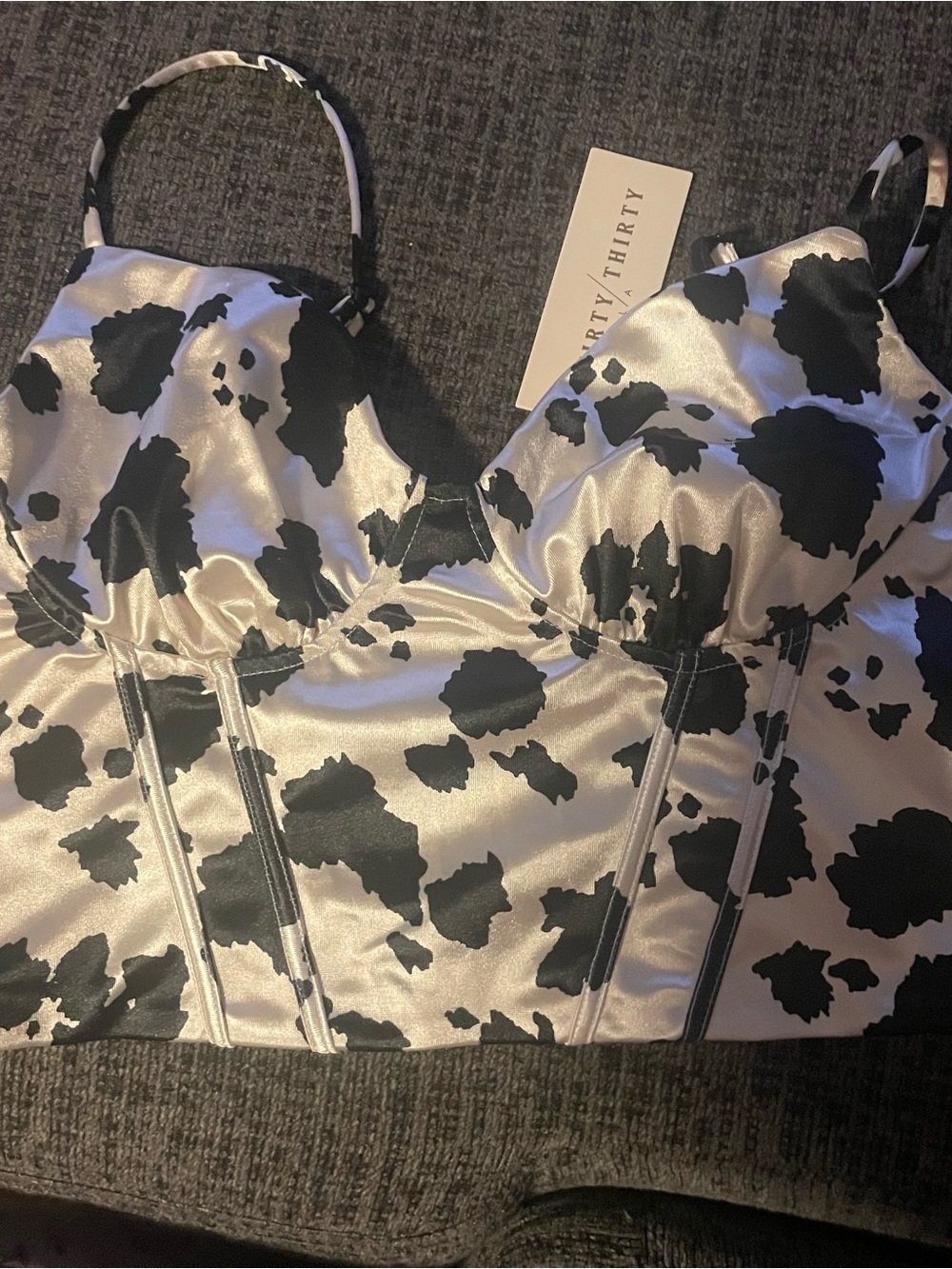 Forty Thirty Satin Cow-Print Bustier Crop Top - Black/White